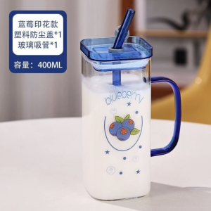 玻璃杯ins吸管水杯高顔值大容量辦公室把手方形杯子耐高溫簡約