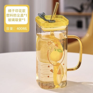 玻璃杯ins吸管水杯高顔值大容量辦公室把手方形杯子耐高溫簡約